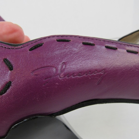 John Fluevog Hepburn Purple Leather Black Stitching Pumps Heels Open Toe - Picture 6 of 13